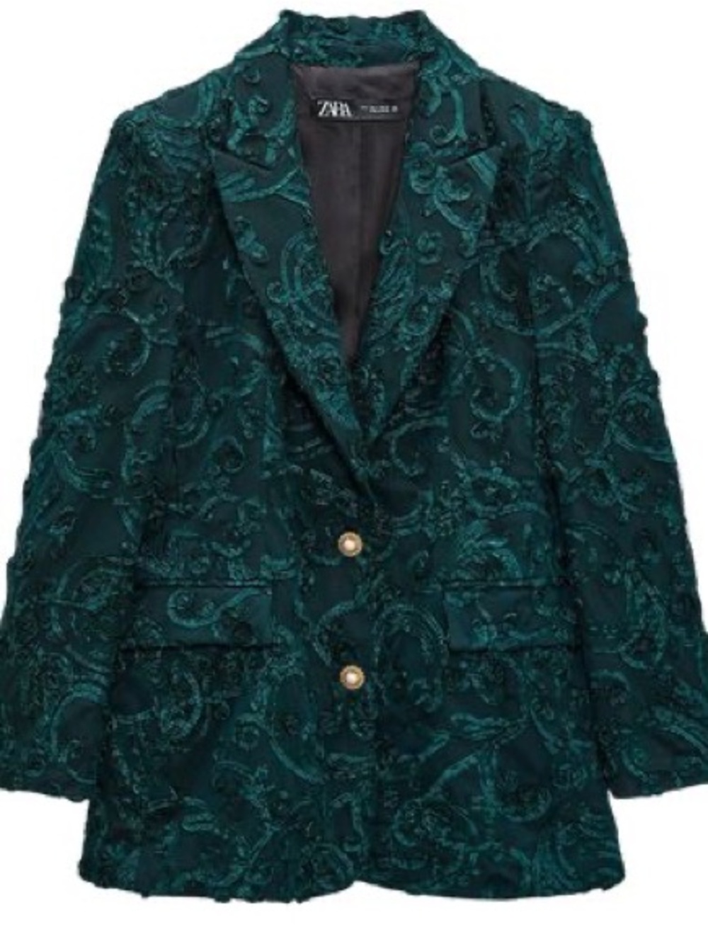 Zara Embroidered Blazer Teal Dark Green Gold Pearl Buttons Boyfriend Dressy XS